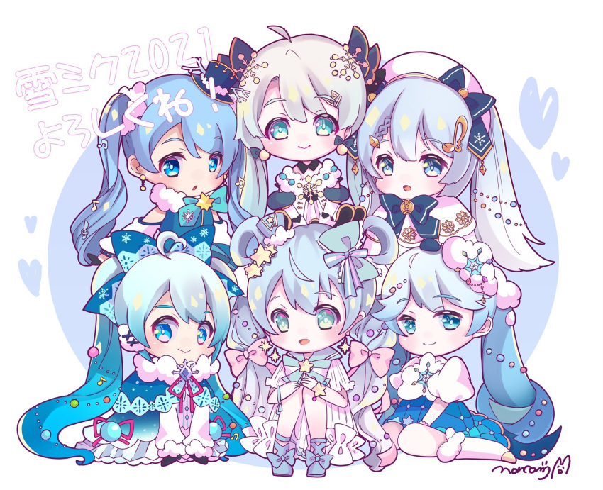 6+girls ahoge beret blue_bow blue_hair borrowed_design bow bowtie capelet character_name chibi commentary detached_sleeves dress fur-trimmed_dress fur_trim hair_ornament hair_rings hat hat_bow hatsune_miku highres knees_up lace-trimmed_capelet light_blue_hair long_hair looking_at_viewer mini_hat mini_top_hat multiple_girls nonkomu_(furiten5553) open_mouth pastel_colors signature sitting smile snowflake_hair_ornament snowflake_print string_of_light_bulbs top_hat twintails very_long_hair vocaloid white_capelet white_dress white_hair white_headwear white_sleeves yuki_miku