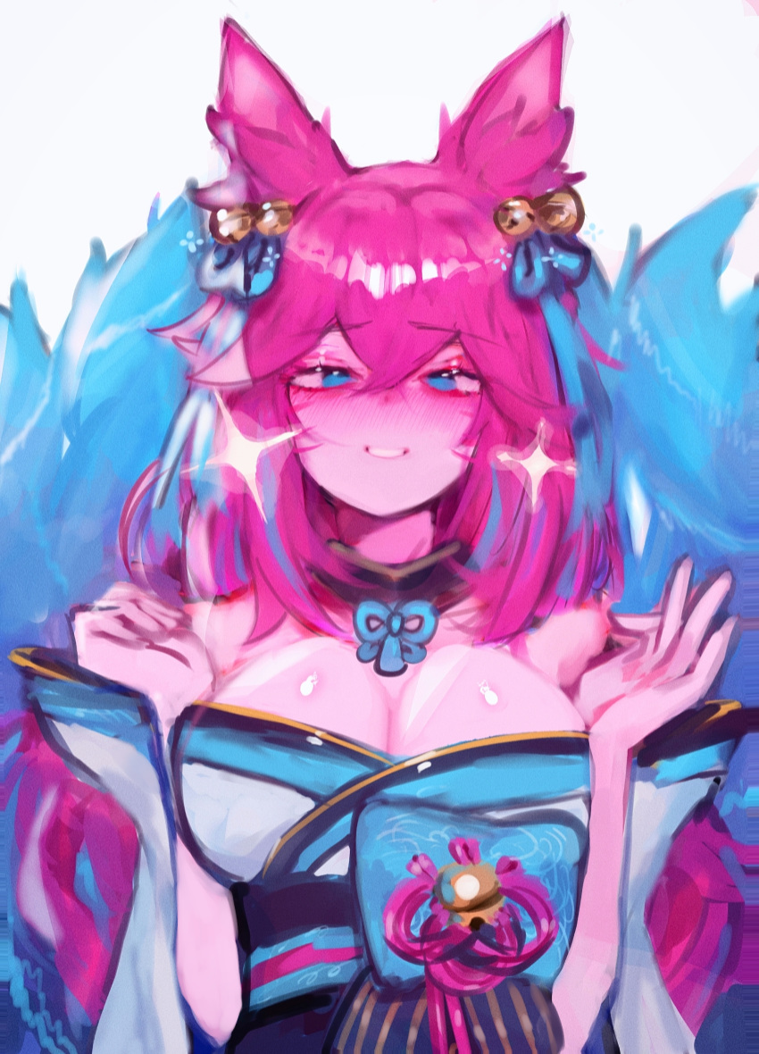 1girl absurdres ahri animal_ear_fluff animal_ears bell bellt blue_eyes blush breasts cleavage eyebrows_visible_through_hair facial_mark fox_ears fox_tail hair_bell hair_between_eyes hair_ornament highres kitsune league_of_legends long_hair multiple_tails pink_hair shiny shiny_skin simple_background smile solo sparkle spirit_blossom_ahri sunchip tail upper_body whisker_markings white_background