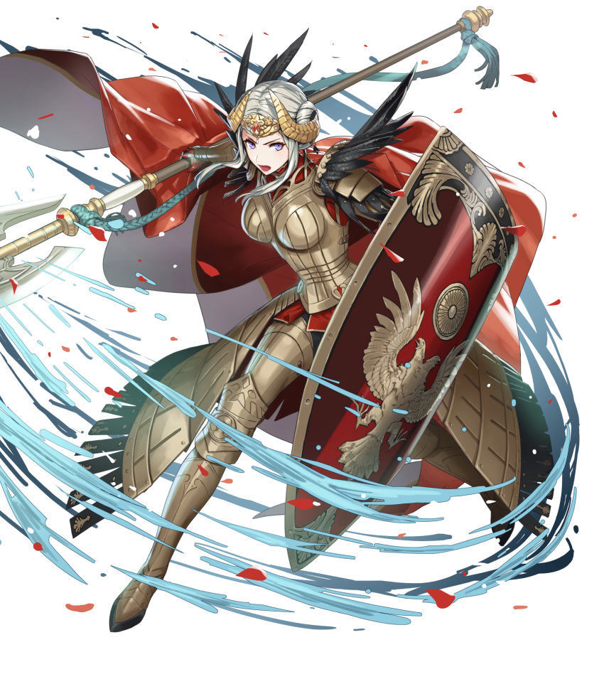 1girl armor armored_boots axe battle_axe black_legwear blue_eyes boots breastplate cape closed_mouth crown cuboon edelgard_von_hresvelg feather_trim feathers fire_emblem fire_emblem:_three_houses fire_emblem_heroes full_body gauntlets hair_ornament highres holding holding_weapon lips looking_at_viewer official_art pantyhose red_cape shield silver_hair solo transparent_background weapon