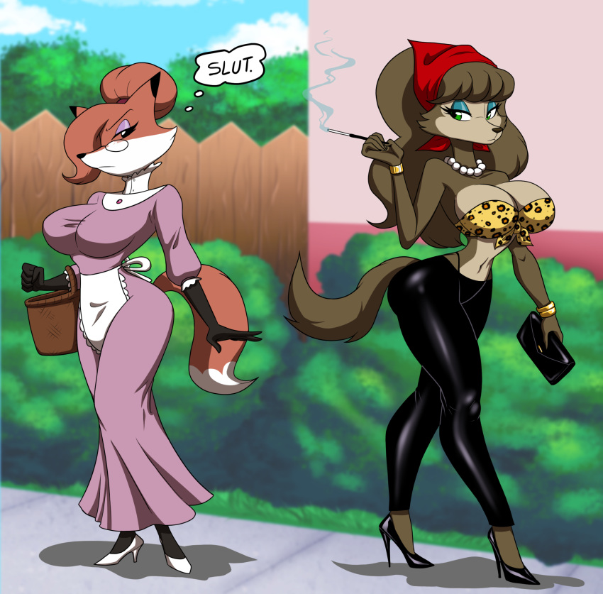 absurd_res anthro auntie_vixen basket big_breasts breasts canid canine canis cleavage clothed clothing crovirus detailed_background duo eyewear female footwear fox glasses hi_res high_heels jewelry mammal necklace outside shoes smoking thought_bubble wide_hips wolf