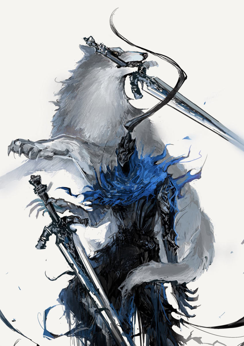 1boy animal arm_at_side armor armored_dress artorias_the_abysswalker belt blue_capelet breastplate capelet dark_souls faceless facing_viewer feet_out_of_frame full_armor gauntlets great_grey_wolf_sif greatsword helmet highres holding holding_sword holding_weapon hood jumping knight looking_away mouth_hold nira_box open_hands outstretched_hand planted_sword planted_weapon plume reaching shoulder_armor simple_background souls_(from_software) standing sword weapon white_background wolf