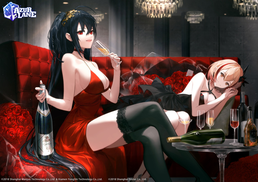 :d ahoge alcohol alternate_costume azur_lane bangs bare_shoulders black_dress black_hair blonde_hair blush bottle breasts brown_eyes choker cleavage cocktail_dress collarbone crossed_legs cup dress earrings eyebrows_visible_through_hair hair_between_eyes hair_ornament highres holding holding_cup hoojiro jewelry large_breasts long_hair looking_at_viewer lounge lying multicolored_hair official_art open_mouth red_choker red_dress red_eyes red_hair roon_(azur_lane) roon_(dark_red_grin)_(azur_lane) short_hair sitting smile streaked_hair table taihou_(azur_lane) taihou_(forbidden_feast)_(azur_lane) thighhighs very_long_hair