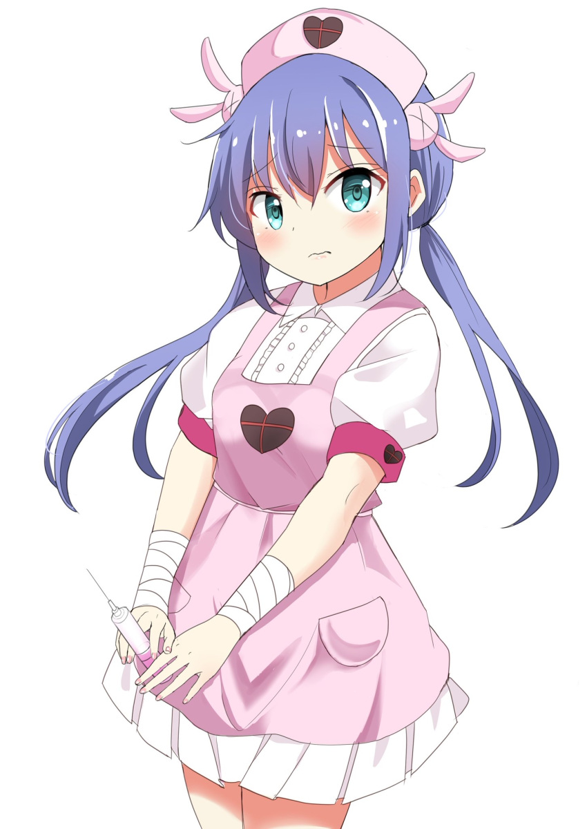 &gt;_&lt; 1girl apron bandaged_arm bandages bangs blue_eyes blue_hair breasts bunny_hair_ornament closed_mouth collared_shirt commentary_request cosplay eyebrows_visible_through_hair hair_between_eyes hair_ornament hat heart highres holding holding_syringe koisuru_asteroid kousaka_nobaku looking_at_viewer manaka_ao natori_sana natori_sana_(cosplay) nurse_cap pink_apron pink_headwear pleated_skirt puffy_short_sleeves puffy_sleeves sana_channel shirt short_sleeves simple_background skirt small_breasts solo syringe twintails virtual_youtuber wavy_mouth white_background white_shirt white_skirt
