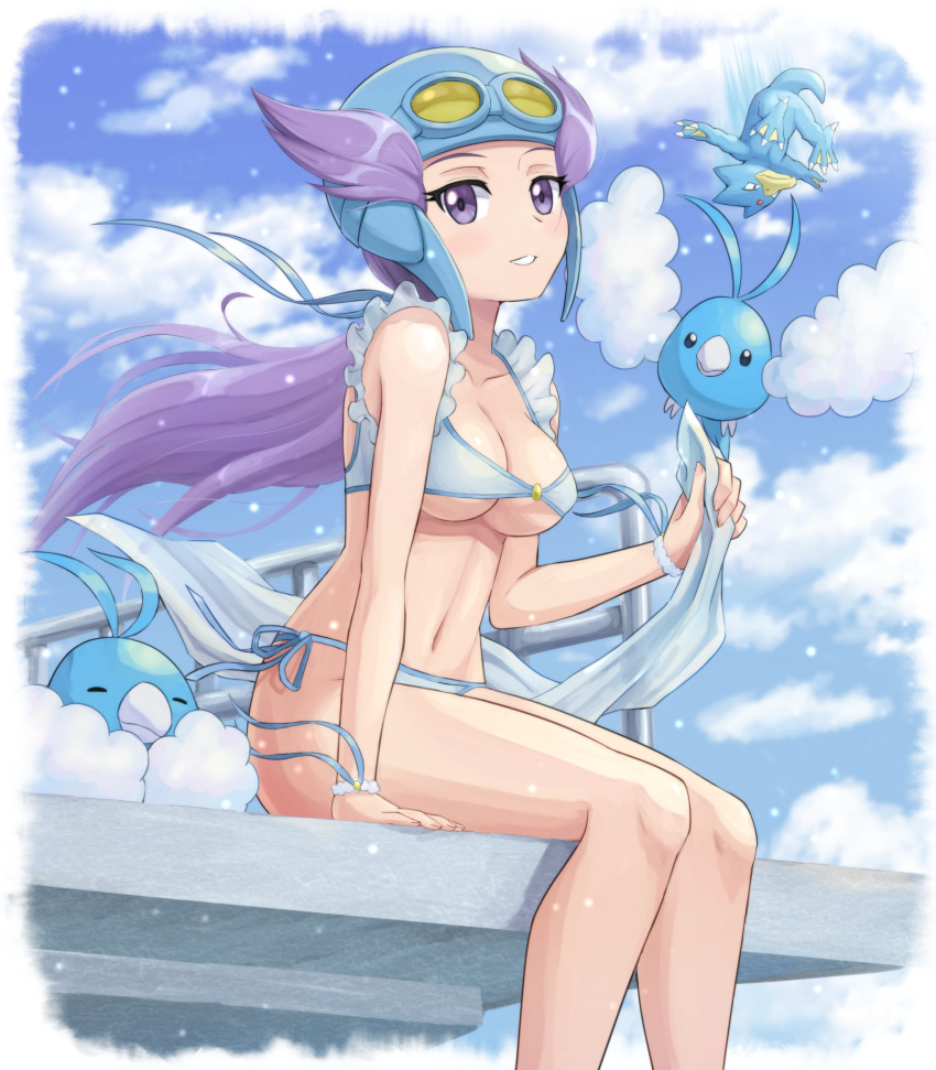 1girl absurdres bikini blue_helmet blue_ribbon blush breasts cleavage cloud commentary_request day eyelashes floating_hair gen_1_pokemon gen_3_pokemon goggles goggles_on_headwear golduck helmet highres holding knees knees_together long_hair nagi_(pokemon) navel outdoors parted_lips pokemoa pokemon pokemon_(game) pokemon_oras purple_eyes purple_hair ribbon sitting sky swablu swimsuit teeth