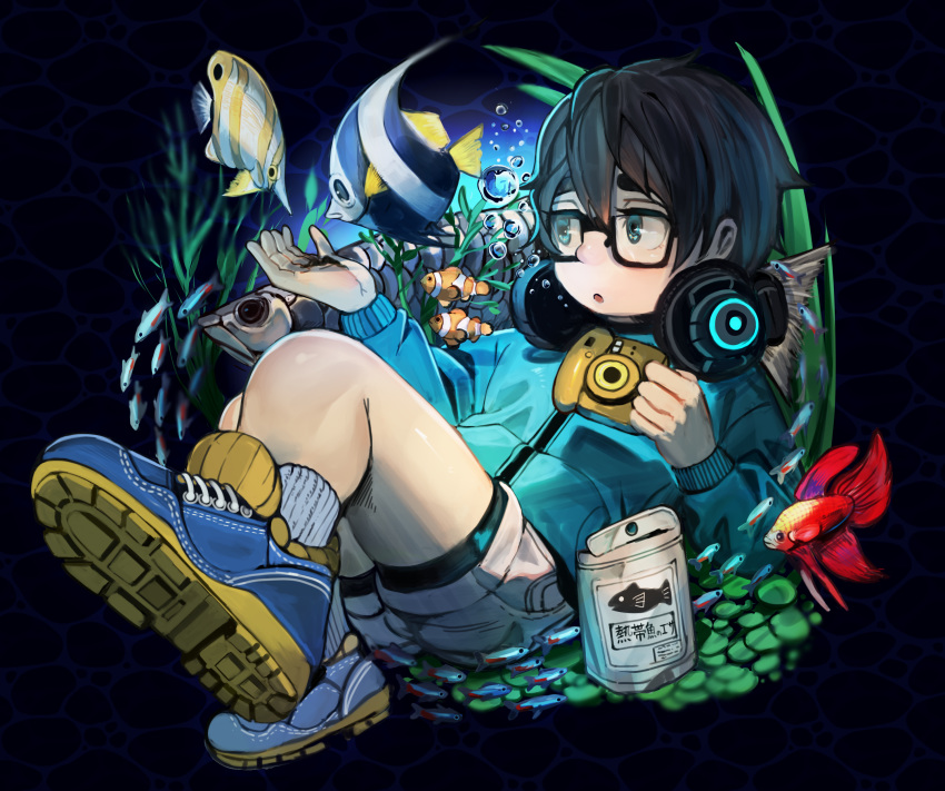 1boy absurdres bubble camera fish_food food glasses headphones headphones_around_neck highres holding holding_camera holding_food jacket kurobuta_wagyu male_focus original seaweed shoes shorts sitting socks solo tin_can tropical_fish