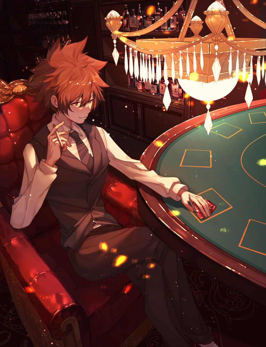1boy absurdres arm_up armchair bangs bar belt_buckle black_neckwear black_pants black_vest bottle brown_eyes brown_hair buckle card chair chandelier cigarette closed_mouth collar collared_shirt crossed_legs cup drinking_glass eyebrows_visible_through_hair highres holding holding_card holding_cigarette indoors katekyo_hitman_reborn! long_sleeves looking_down male_focus necktie on_chair pants poker poker_table sawada_tsunayoshi shade shirt short_hair sitting smile solo spiked_hair table vest white_shirt wine_glass wuhuohuohuo