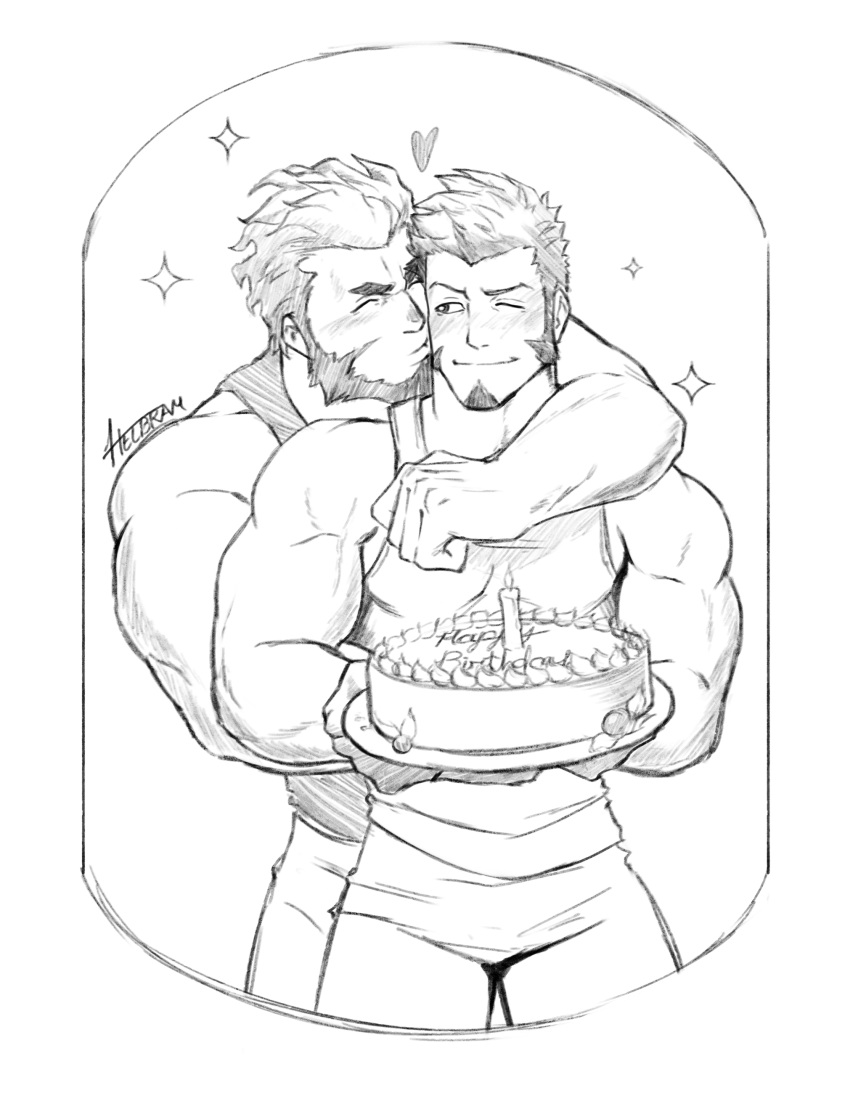 2boys abs absurdres bara beard birthday birthday_cake blush cake cheek_kiss chest commission facial_hair fate/grand_order fate_(series) food frame greyscale heart highres hug hug_from_behind iskandar_(fate) kiss male_focus monochrome multiple_boys muscle napoleon_bonaparte_(fate/grand_order) one_eye_closed pectorals sketch standing star_(symbol) tank_top third-party_source upper_body white_background whyhelbram yaoi