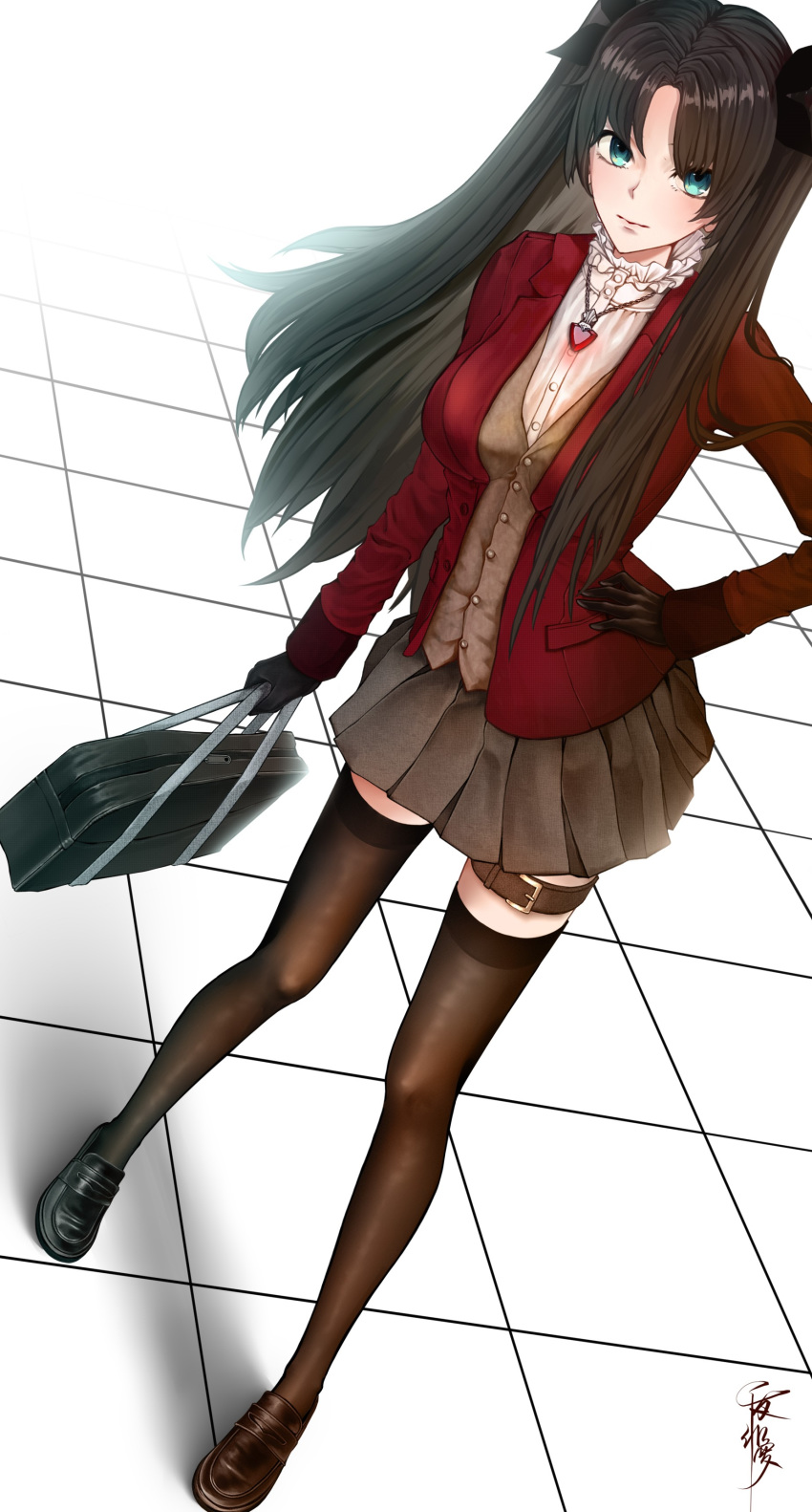 1girl absurdres alternate_costume bag belt_buckle black_footwear black_legwear black_ribbon black_skirt breasts brown_gloves brown_hair buckle collar contrapposto dutch_angle fate/stay_night fate_(series) formalcraft frilled_collar frills gloves hand_on_hip highres large_breasts loafers long_hair looking_at_viewer pleated_skirt ribbon school_bag school_uniform senyahiro shoes skirt solo thigh_strap thighhighs tile_floor tiles tohsaka_rin twintails