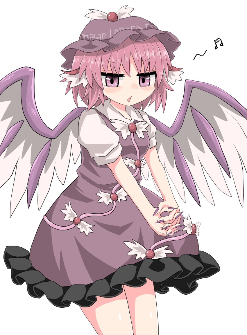 1girl animal_ears bangs bird_ears bird_wings black_frills breasts chups collarbone dress eyebrows_visible_through_hair feathered_wings fingernails frilled_dress frills hat highres long_fingernails looking_at_viewer mob_cap music mystia_lorelei open_mouth pink_hair purple_dress purple_eyes purple_headwear purple_nails short_hair short_sleeves simple_background singing solo touhou undershirt v-shaped_eyebrows white_background white_feathers white_sleeves winged_hat wings