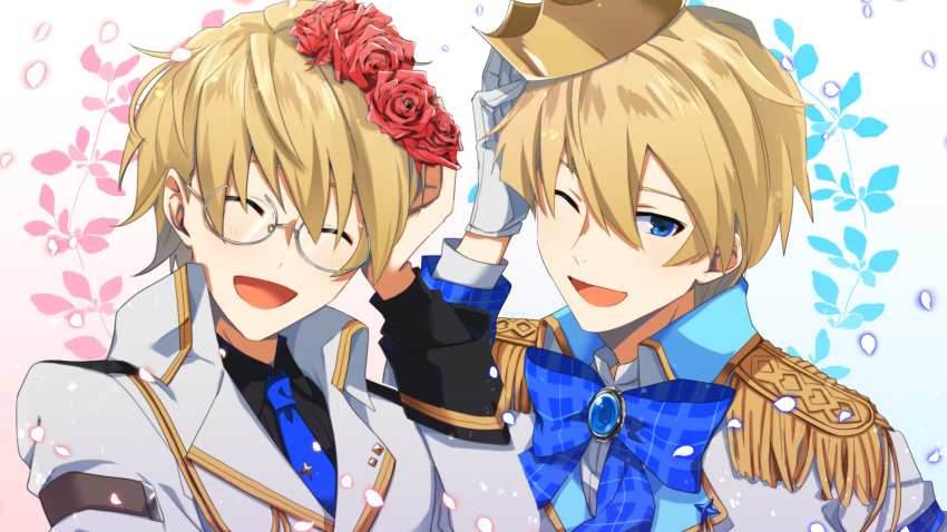 1boy ;d aqua_eyes bespectacled blonde_hair blush bow bowtie brooch closed_eyes crown flower glasses gloves hair_between_eyes hair_flower hair_ornament heart highres holostars jewelry kishido_temma long_sleeves looking_at_viewer male_focus mudo_(saji) multiple_views necktie one_eye_closed open_mouth red_flower red_rose rose short_hair sketch smile virtual_youtuber white_gloves