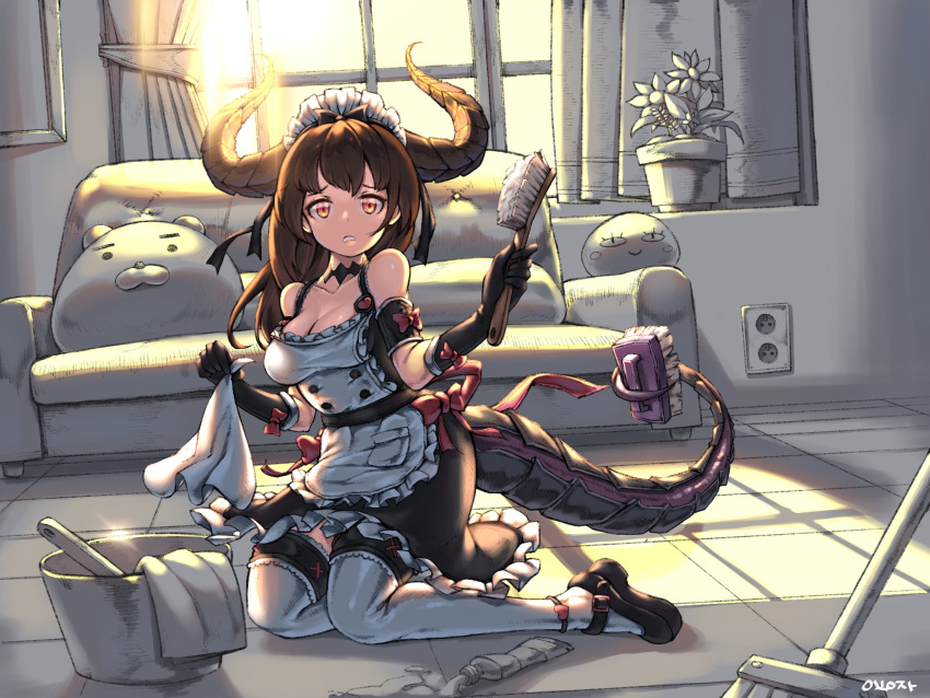 1girl anklet bara_(totocos) bare_shoulders black_footwear black_gloves bow bowl breasts broom brown_hair brush cleaning cleavage couch curtains dragon_girl dragon_horns dragon_tail electric_socket frame glint gloves heart highres holding holding_brush horns indoors jewelry kneeling long_hair maid maid_headdress orange_eyes original parted_lips plant potted_plant red_bow signature slit_pupils solo stuffed_toy tail tail_hold toothpaste window