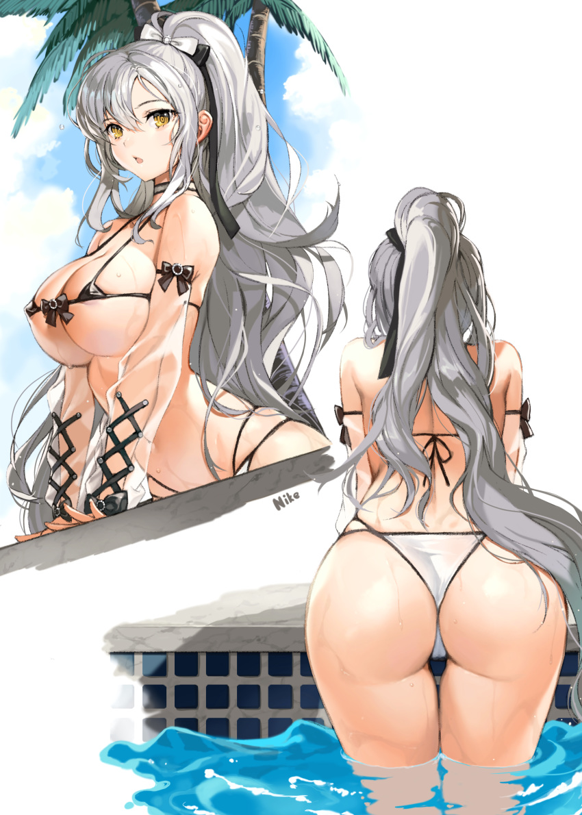 1girl :o absurdres ass azur_lane bangs bare_shoulders bikini bow breasts covered_nipples day detached_sleeves drake_(azur_lane) drake_(the_golden_hind's_respite)_(azur_lane) from_behind hair_bow highres large_breasts long_hair looking_at_viewer micro_bikini multiple_views nike1060 outdoors ponytail pool see-through sidelocks silver_hair swimsuit thighs wading water wet white_bikini
