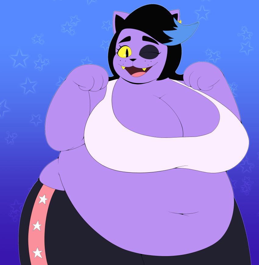 2020 3_fingers absurd_res anthro belly big_belly big_breasts black_hair breasts catty_(undertale) cleavage clothed clothing dr._chaos ear_piercing ear_ring fangs felid feline female fingers flat_colors fur hair hi_res looking_at_viewer mammal navel one_eye_closed open_mouth overweight overweight_anthro overweight_female piercing purple_body purple_fur solo tongue undertale video_games yellow_sclera