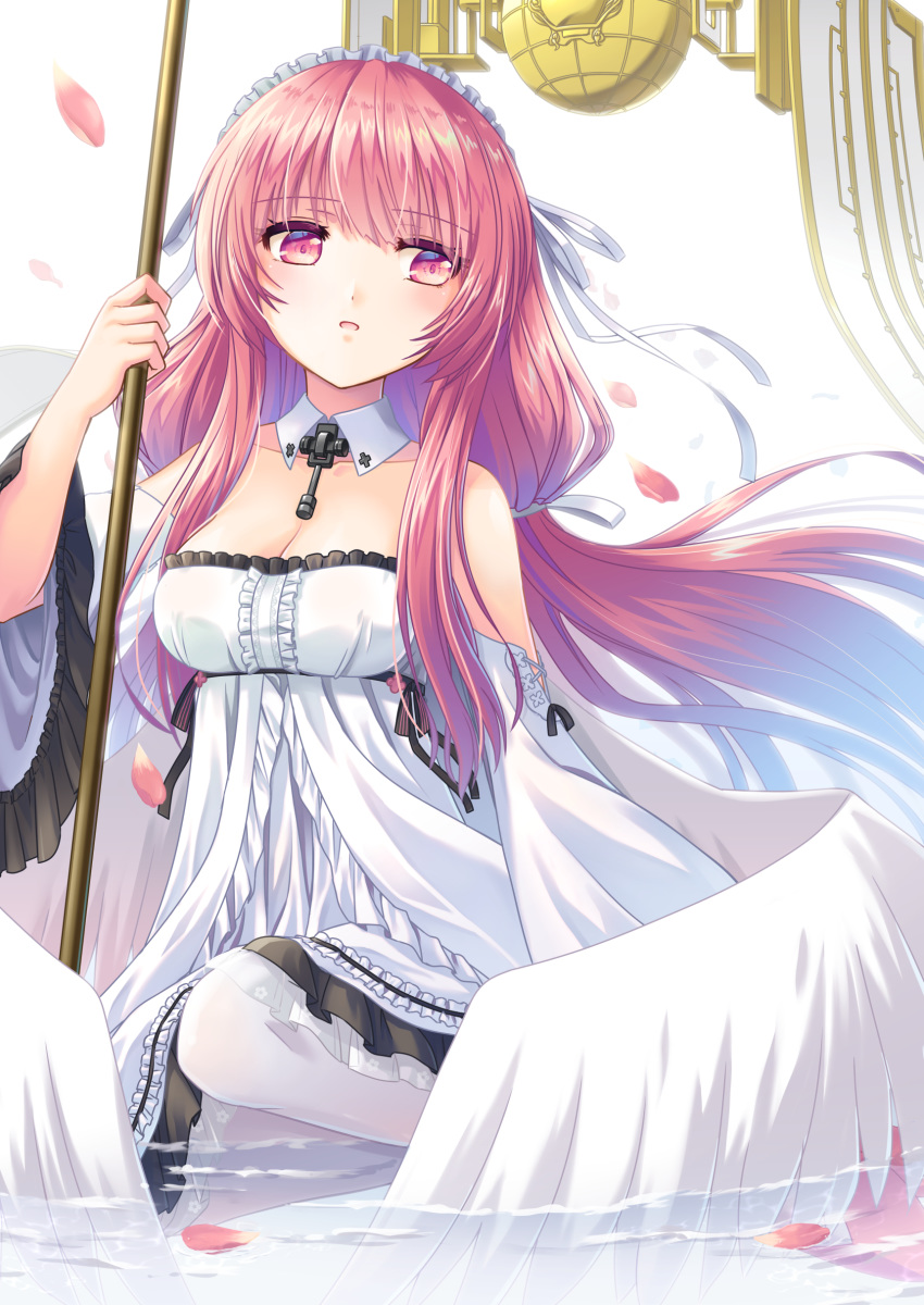 1girl absurdres angel_wings azur_lane bangs bare_shoulders breasts cleavage commentary_request detached_collar detached_sleeves dress eyebrows_visible_through_hair headdress highres holding holding_staff long_hair looking_away medium_breasts open_mouth partially_submerged perseus_(azur_lane) petals pink_eyes pink_hair s_nyaau sidelocks simple_background sitting sleeveless sleeveless_dress solo staff white_background white_dress white_legwear wide_sleeves wings yokozuwari