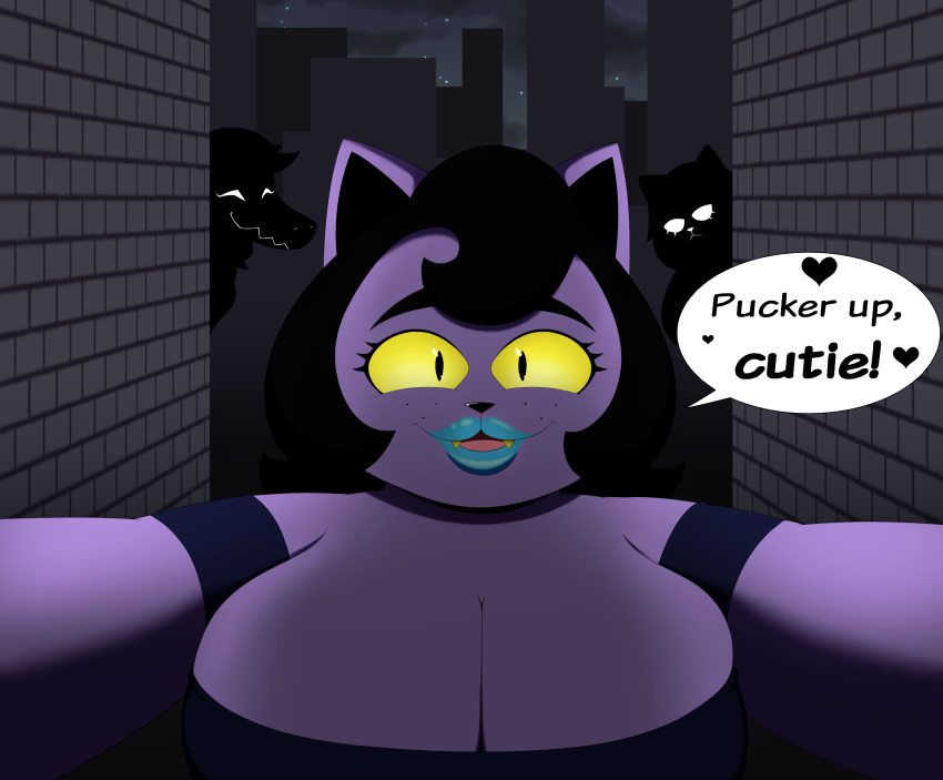 2019 absurd_res alligator alligatorid anthro arms_out big_breasts black_hair bratty_(undertale) breasts catti_(deltarune) catty_(undertale) crocodilian deltarune dialogue dr._chaos fangs felid feline female fur group hair hi_res lips lipstick looking_at_viewer makeup mammal open_mouth purple_body purple_fur reptile scalie solo_focus thick_lips tongue undertale video_games yellow_sclera