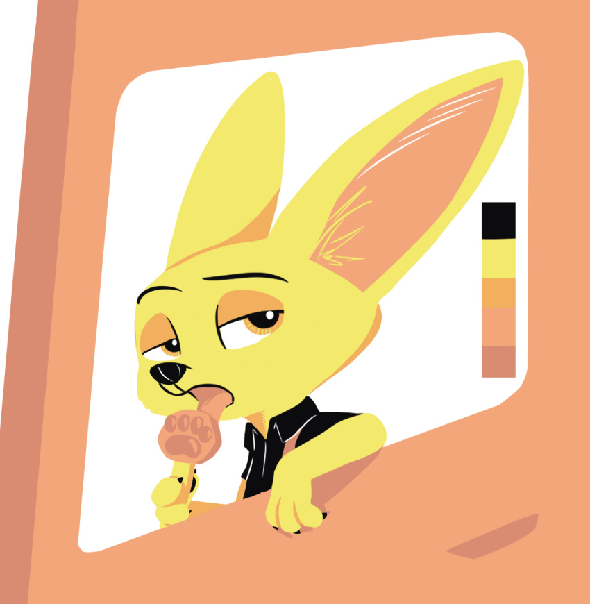 anthro canid canine clothed clothing disney fennec finnick food fox fur hi_res holding_food holding_object inner_ear_fluff licking male mammal pawpsicle popsicle restricted_palette shirt solo theblueberrycarrots tongue tongue_out topwear tuft yellow_body yellow_fur zootopia