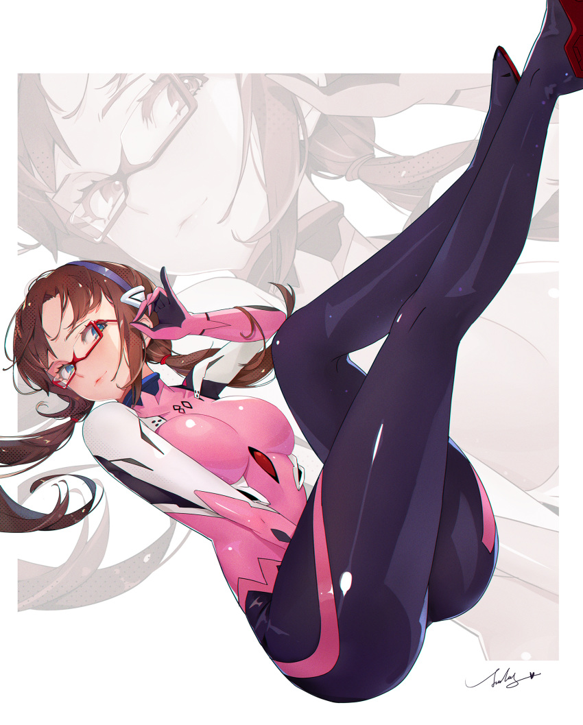 1girl blue_eyes bodysuit brown_hair glasses headband highres jiujiuyatou_(yayanzz) legs_up long_hair looking_at_viewer lying makinami_mari_illustrious monochrome multiple_views neon_genesis_evangelion on_ass on_back pink_bodysuit plugsuit red-framed_eyewear