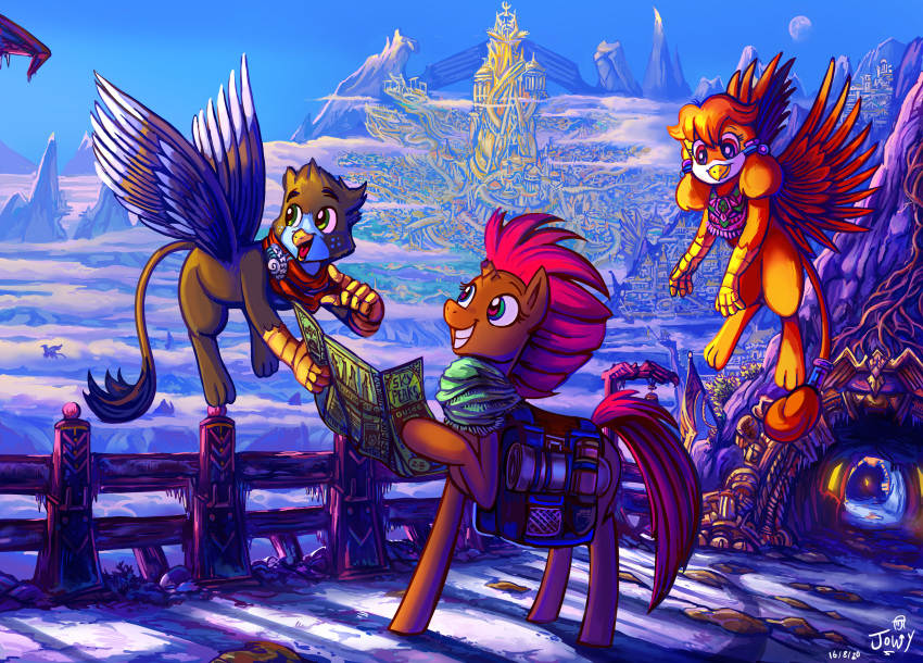 2020 absurd_res avian day detailed_background digital_media_(artwork) equid equine feral friendship_is_magic group gryphon hasbro hi_res horn jowybean mammal my_little_pony mythological_avian mythology outside sky smile unicorn