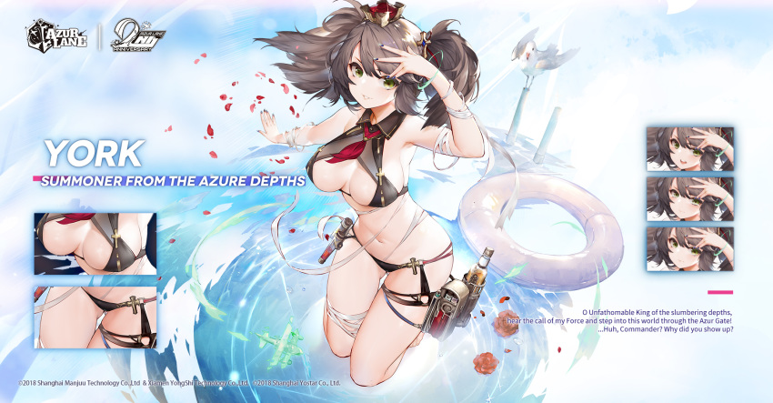 1girl 33_(mkiiiiii) aircraft arm_up armpits ass_visible_through_thighs azur_lane bandaged_arm bandaged_leg bandages bangs bikini bird black_bikini black_nails blush bottle breasts brown_hair center_opening collared_bikini cross_hair_ornament crown green_eyes hair_ornament hand_up highres innertube kerchief large_breasts long_hair looking_at_viewer mini_crown multi-strapped_bikini navel neckerchief o-ring o-ring_bikini official_art outstretched_arm petals pouch seagull sidelocks skindentation solo stomach swept_bangs swimsuit thigh_strap thighs twintails wing_collar york_(azur_lane) york_(summoner_from_the_azure_depths)_(azur_lane)