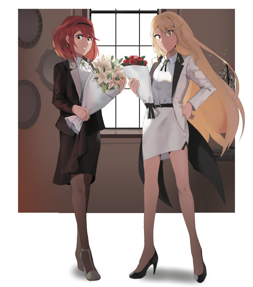 2girls 4xpr7jyukt5vnix absurdres alternate_costume bare_legs blonde_hair bouquet contemporary flower formal full_body hand_on_hip high_heels highres hikari_(xenoblade_2) homura_(xenoblade_2) indoors long_hair looking_at_viewer multiple_girls pantyhose pencil_skirt red_eyes red_hair short_hair skirt smile standing very_long_hair window xenoblade_(series) xenoblade_2 yellow_eyes