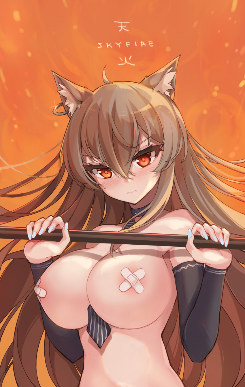 1girl :| ahoge animal_ears arknights bandaid bandaids_on_nipples bangs black_choker black_neckwear blue_nails blush breasts brown_hair cat_ears choker closed_mouth commentary eyebrows_visible_through_hair hair_between_eyes highres holding holding_staff jewelry large_breasts long_hair looking_at_viewer necktie orange_background orange_eyes pasties purerin simple_background single_earring skyfire_(arknights) solo staff striped striped_neckwear