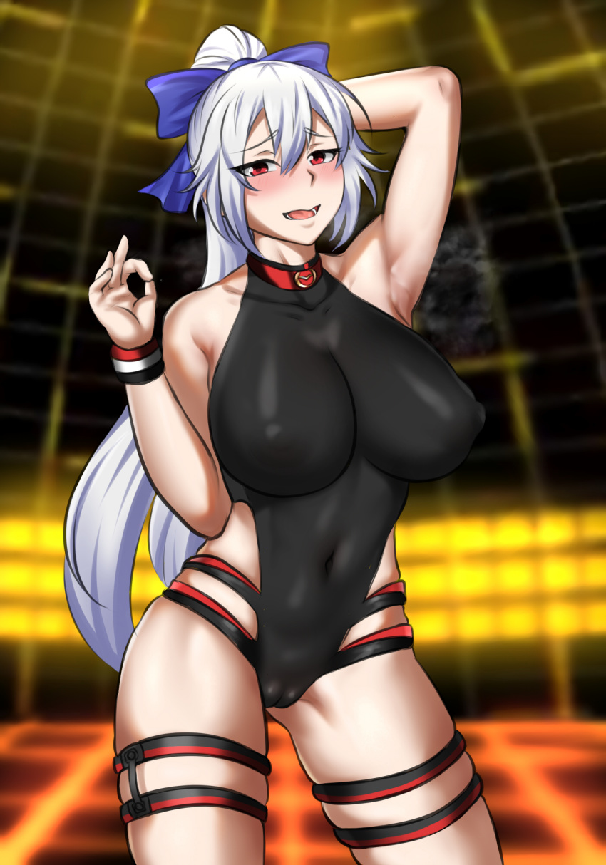 1girl arm_behind_head arm_up armpits black_swimsuit blue_bow bow breasts cloire_clover covered_navel covered_nipples cowboy_shot fate/grand_order fate_(series) hair_bow highleg highleg_swimsuit highres large_breasts long_hair one-piece_swimsuit ponytail red_eyes solo standing swimsuit tomoe_gozen_(swimsuit_saber)_(fate)