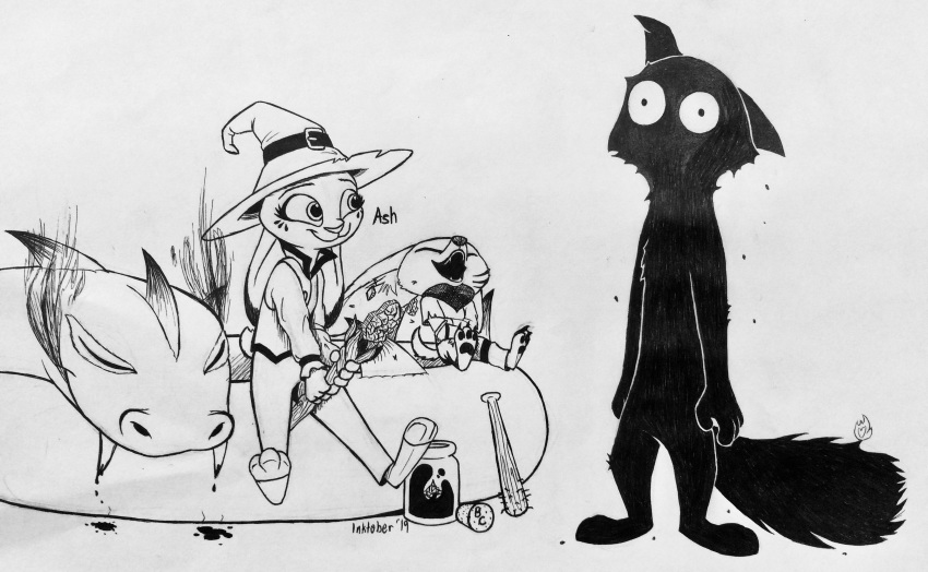 2019 absurd_res anthro black_and_white bottomwear canid canine clothed clothing dipstick_ears disney dragon dripping eyes_closed fangs female fennec finnick fire fox fully_clothed group hat headgear headwear hi_res holding_object holding_staff inktober judy_hopps lagomorph leporid looking_at_another male mammal monochrome multicolored_ears nick_wilde pants rabbit scut_tail shirt smile staff theblueberrycarrots toeless_legwear topwear wizard_hat zootopia