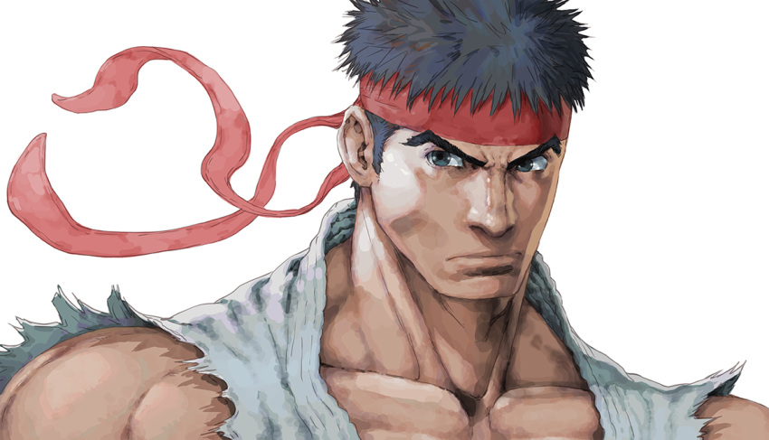 1boy abs bara bare_shoulders black_hair brown_hair chest close-up dougi face facial_hair hadouken headband male_focus muscle nt_(gun-ash) pectorals ryuu_(street_fighter) short_hair shouryuuken solo street_fighter street_fighter_ii_(series) tatsumaki_senpuukyaku uppercut