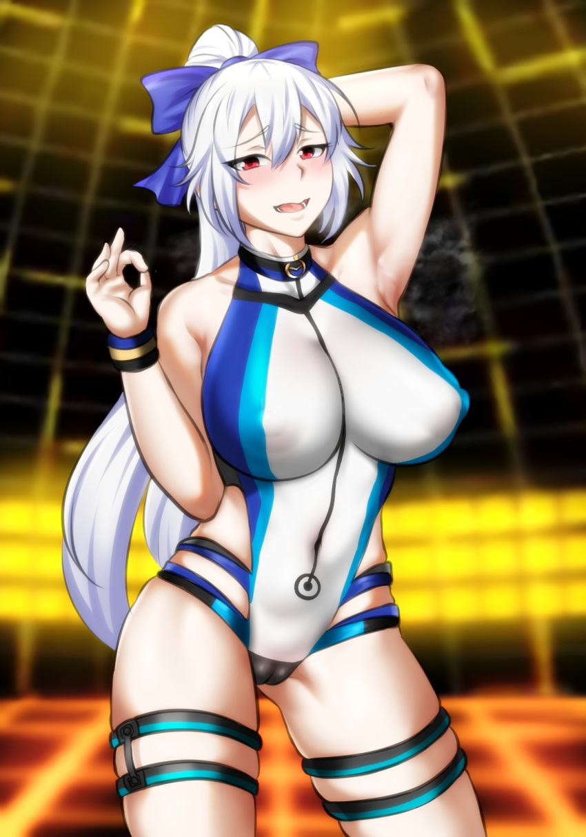 1girl arm_behind_head arm_up armpits blue_bow blue_swimsuit bow breasts cloire_clover covered_navel covered_nipples cowboy_shot fate/grand_order fate_(series) hair_bow highleg highleg_swimsuit highres large_breasts long_hair multicolored multicolored_clothes multicolored_swimsuit one-piece_swimsuit ponytail red_eyes solo standing swimsuit tomoe_gozen_(swimsuit_saber)_(fate) two-tone_swimsuit white_swimsuit