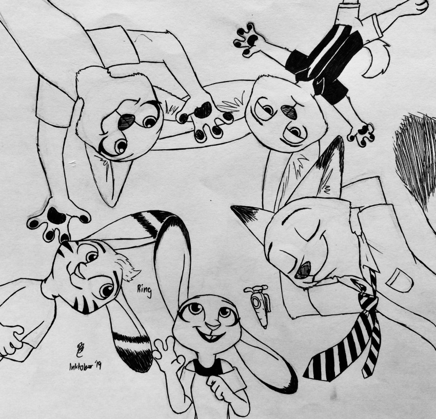 2019 ambiguous_gender anthro arctic_fox bird's-eye_view black_and_white bottomwear buckteeth canid canine clothed clothing dipstick_ears disney ear_markings eyes_closed facial_markings fennec finnick fox fully_clothed group head_markings head_tuft hi_res high-angle_view inktober inner_ear_fluff jack_savage judy_hopps lagomorph leporid lying mammal markings monochrome multicolored_ears nick_wilde on_back open_mouth open_smile pawpads rabbit shirt shorts simple_background skye_(zootopia) smile teeth theblueberrycarrots topwear tuft white_background zootopia