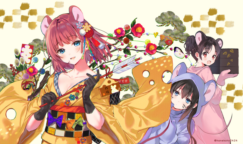 3girls :d animal_costume animal_ears arrow_(projectile) bamboo bangs beige_background bell black_gloves black_hair blue_eyes branch brown_hair brown_kimono checkered checkered_obi cheese chinese_zodiac commentary_request doukyuusei_(hanekoto) ema eyebrows_visible_through_hair flower food food_themed_clothes furisode gloves hair_ornament hamaya hanekoto head_tilt highres holding holding_arrow hood hood_down hood_up imouto_(hanekoto) japanese_clothes jingle_bell kadomatsu kanzashi kimono long_sleeves looking_at_viewer mouse_costume mouse_ears mouse_hood multiple_girls new_year obi open_mouth original osananajimi_(hanekoto) osechi parted_lips photoshop_(medium) red_eyes red_flower sash side_ponytail smile solo tree_branch tsumami_kanzashi twintails twitter_username upper_body whisker_markings wide_sleeves year_of_the_rat