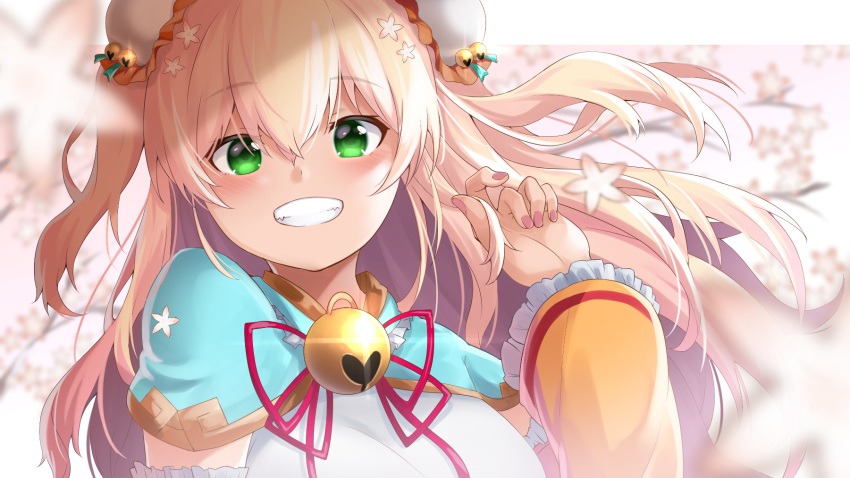 1girl bangs bell blonde_hair blue_capelet blurry blurry_background blurry_foreground blush bun_cover capelet commentary_request depth_of_field double_bun enatsu eyebrows_visible_through_hair flower frilled_sleeves frills green_eyes grin hair_between_eyes hair_flower hair_ornament hand_up highres hololive jingle_bell long_hair long_sleeves looking_at_viewer momosuzu_nene nail_polish neck_ribbon pink_nails red_ribbon ribbon smile solo two_side_up upper_body virtual_youtuber white_flower