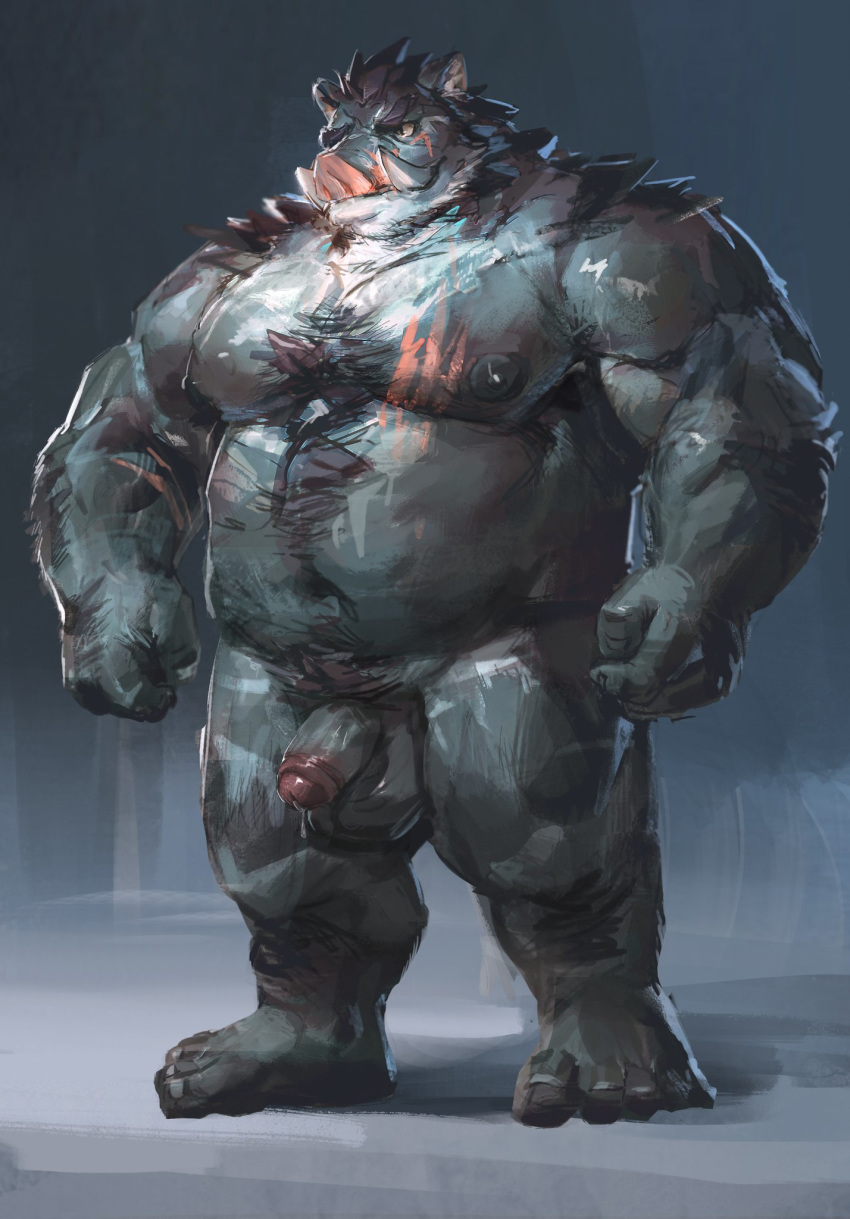 2020 anthro balls belly flaccid genitals hi_res humanoid_genitalia humanoid_hands humanoid_penis lindong male mammal moobs nipples overweight overweight_anthro overweight_male penis pubes solo suid suina sus_(pig) wild_boar