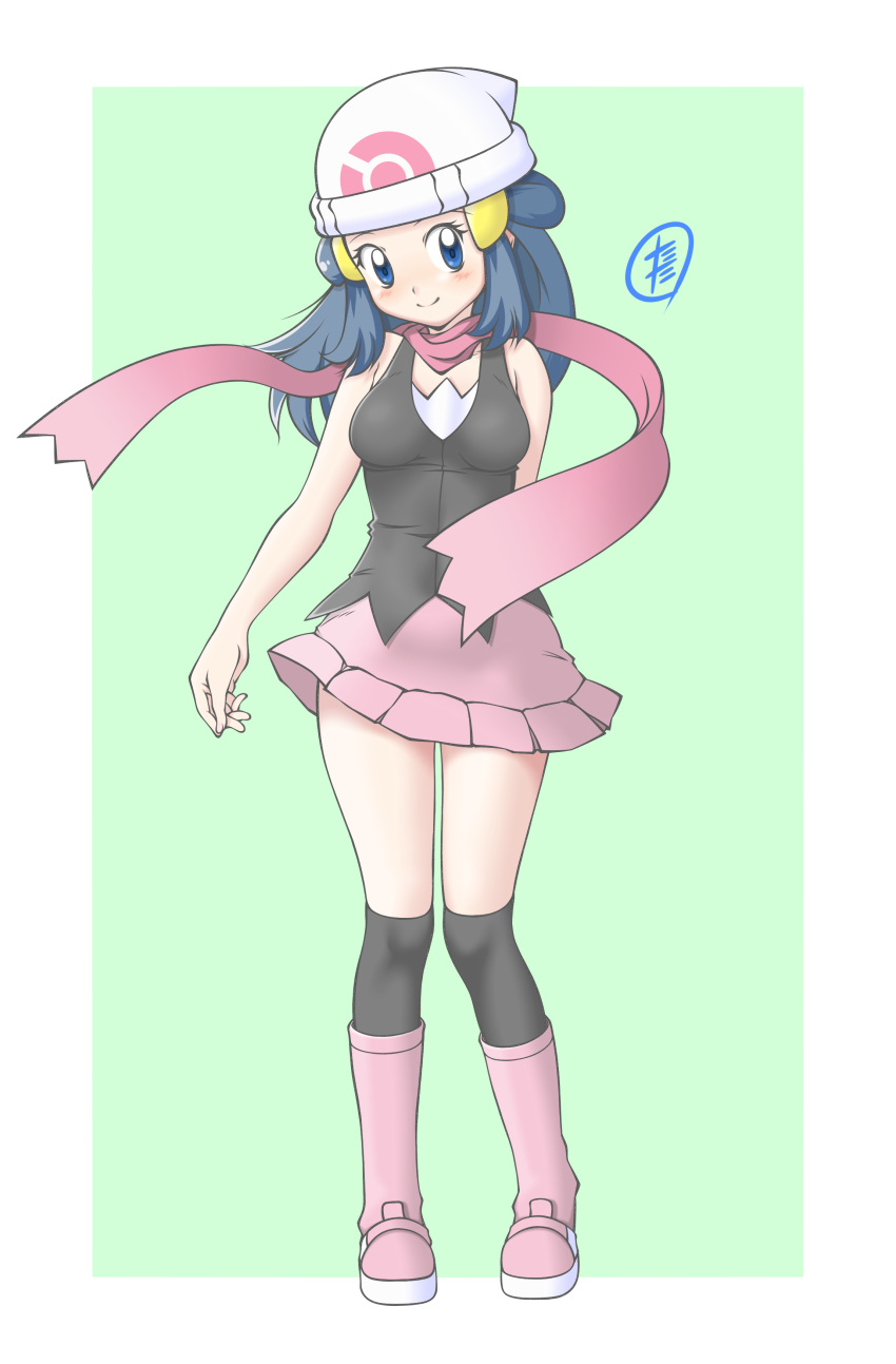 1girl absurdres arm_behind_back beanie black_tank_top blue_eyes blue_hair blush boots closed_mouth collarbone commentary_request eyelashes full_body hair_ornament hat highres hikari_(pokemon) long_hair over-kneehighs pink_footwear pink_scarf pink_skirt pokemon pokemon_(anime) pokemon_dppt_(anime) scarf skirt smile socks solo tank_top tax2rin thighhighs two-tone_background white_headwear