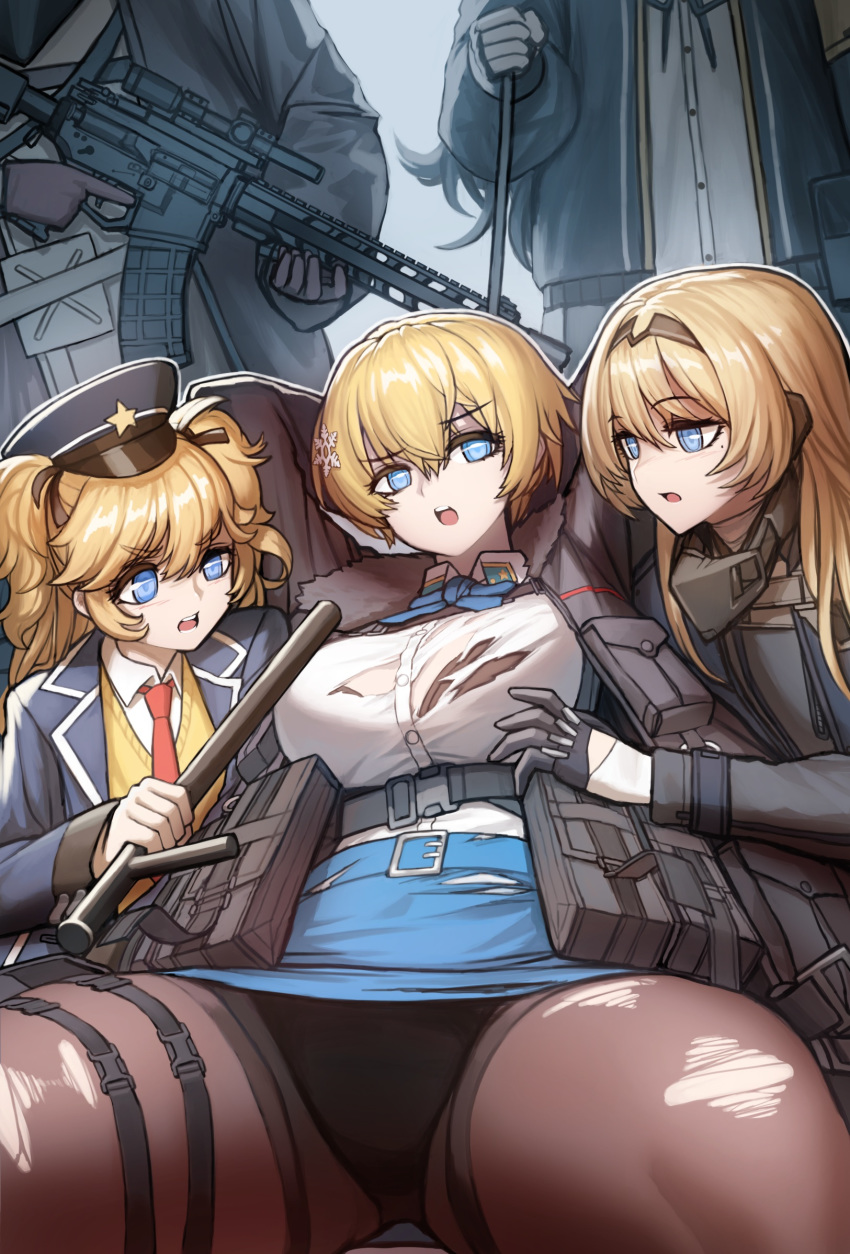 5girls ar-15 arms_behind_head assault_rifle bangs belt black_bra black_gloves black_jacket black_legwear black_panties blonde_hair blue_belt blue_eyes blue_jacket blue_neckwear blue_skirt bound bound_wrists bra bra_peek breast_envy breasts character_request cheogtanbyeong collared_shirt commentary cowboy_shot eyebrows_visible_through_hair fur-trimmed_jacket fur_trim girls_frontline gloves gun hair_between_eyes hair_ornament hair_ribbon hat highres holding holding_gun holding_weapon jacket large_breasts long_hair long_sleeves looking_at_another magazine_(weapon) military military_uniform mole mole_under_eye multiple_girls neck_ribbon necktie open_clothes open_jacket open_mouth panties panties_under_pantyhose pantyhose police_hat red_neckwear ribbon rifle shirt shirt_tucked_in short_hair sidelocks simple_background sitting skirt snap-fit_buckle snowflake_hair_ornament standing super_shorty_(girls_frontline) sweater textless thigh_pouch torn_clothes torn_legwear torn_shirt torn_skirt two_side_up underwear uniform upper_teeth very_long_hair vsk-94_(girls_frontline) weapon white_shirt yellow_sweater