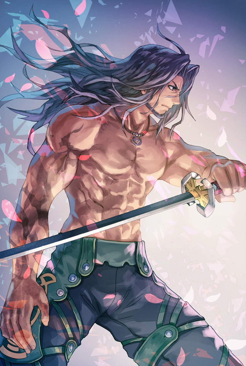 1boy abs absurdres anbe_yoshirou beard black_hair cowboy_shot dunban facial_hair gradient gradient_background highres holding holding_sword holding_weapon jewelry katana left-handed long_hair male_focus muscle no_nipples pants pectorals pendant purple_background solo sword topless weapon white_background xenoblade_(series) xenoblade_1