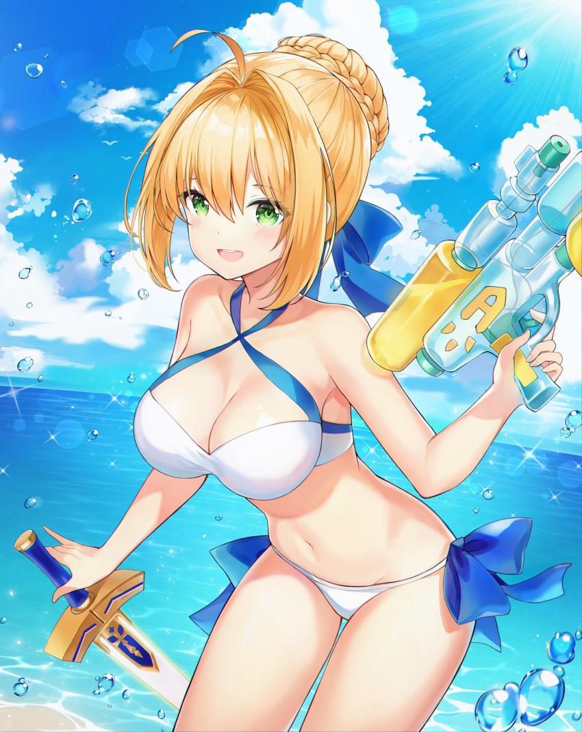 0v0_(l_seohui) 1girl :d absurdres ahoge artoria_pendragon_(all) artoria_pendragon_(swimsuit_archer) bare_arms bare_shoulders bikini blonde_hair blue_sky braid braided_bun breasts cleavage cloud cowboy_shot criss-cross_halter day dual_wielding excalibur fate/grand_order fate_(series) green_eyes hair_intakes halterneck highres holding holding_sword holding_weapon large_breasts long_hair looking_at_viewer navel open_mouth outdoors side-tie_bikini sidelocks sky smile solo stomach sunlight swimsuit sword thighs tied_hair water_gun weapon white_bikini