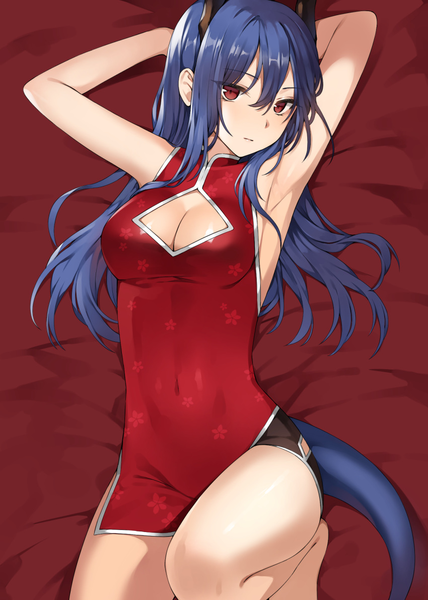 1girl alternate_hairstyle arknights bare_arms bare_legs bare_shoulders barefoot bed_sheet blue_hair breasts canape_(canape0130) ch'en_(arknights) cleavage cleavage_cutout commentary_request covered_navel dragon_horns dragon_tail dress hair_down highres horns medium_breasts red_eyes short_dress solo tail thighs
