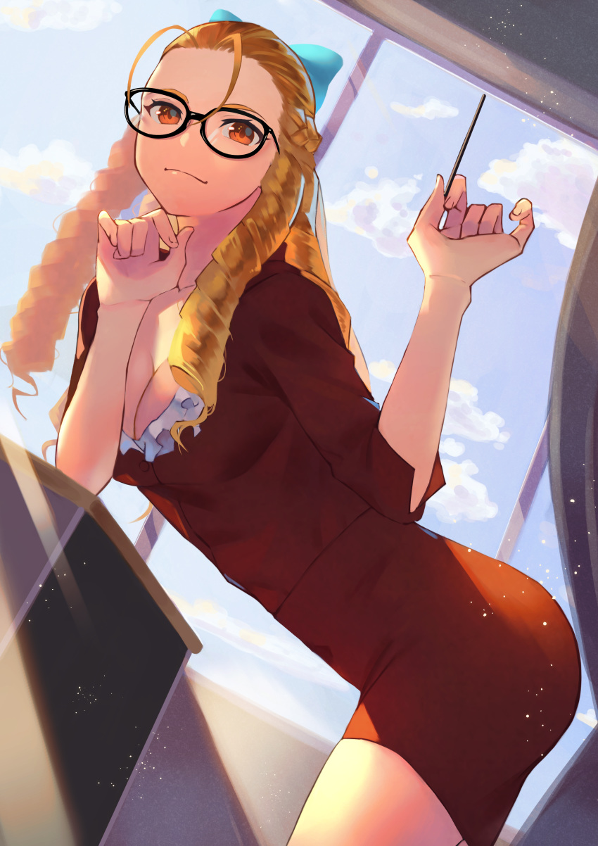 1girl absurdres alternate_costume antenna_hair backlighting bent_over bespectacled black-framed_eyewear blonde_hair blue_bow bow breasts chin_rest classroom cleavage commentary_request day dutch_angle forehead glasses hair_bow high-waist_skirt highres indoors kanzuki_karin kurai_munio light_smile looking_at_viewer medium_breasts orange_eyes pinky_out pointer skirt solo street_fighter teacher