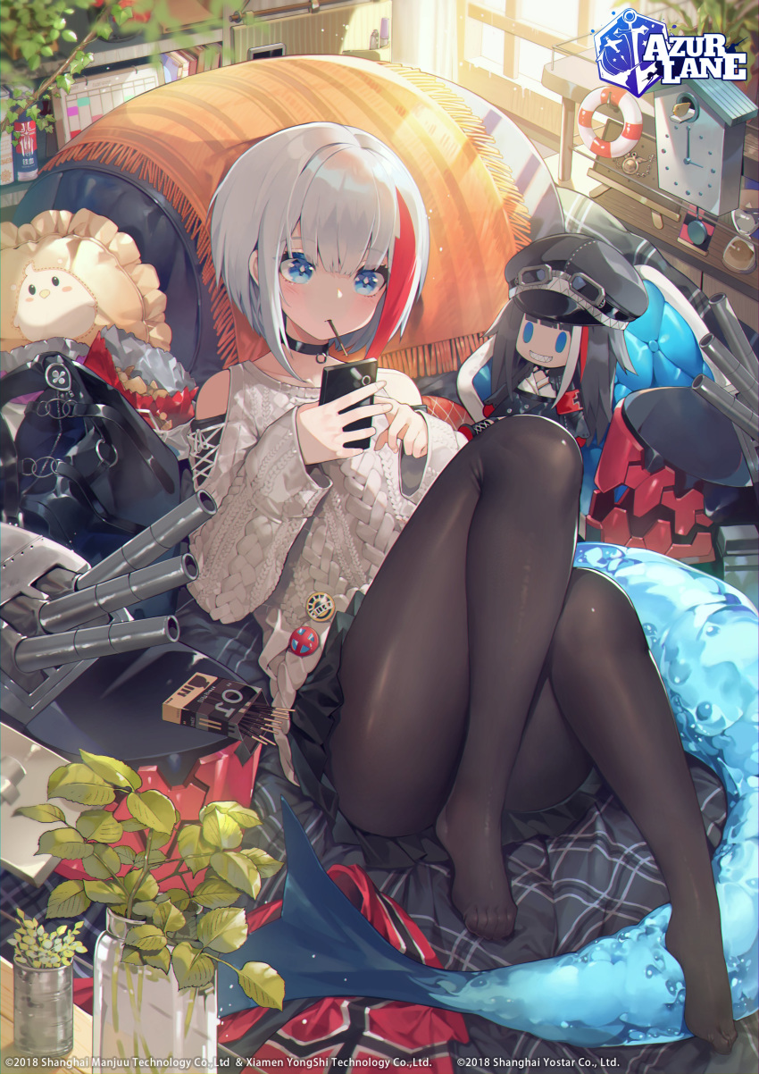 1girl absurdres admiral_graf_spee_(azur_lane) admiral_graf_spee_(daily_peaceful_life)_(azur_lane) akizone anniversary aran_sweater ass azur_lane badge bag bag_of_chips bird black_choker black_headwear black_legwear black_skirt blue_eyes book button_badge cannon cellphone character_doll chick choker clock convenient_leg copyright_name cuckoo_clock day deutschland_(azur_lane) feet food full_body grey_sweater hat highres holding holding_phone hourglass indoors ivy knees_up leaf lifebuoy long_sleeves looking_at_phone lying machinery manjuu_(azur_lane) miniskirt mouth_hold multicolored_hair no_shoes official_art on_back pantyhose peaked_cap phone pillow plant pocky reclining red_hair shelf short_hair shoulder_cutout silver_hair skirt smartphone solo streaked_hair stuffed_animal stuffed_fish stuffed_toy sunlight sweater tail turret two-tone_hair vase window