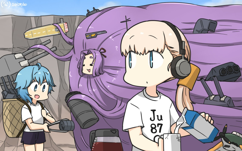 3girls aircraft airplane alternate_costume asymmetrical_hair bangs basket blonde_hair blue_eyes blue_hair blue_sky blunt_bangs cannon closed_eyes clothes_writing cloud coffee_mug coffee_pot commentary_request cowboy_shot cup dated day drum_(container) flight_deck hair_ornament hamu_koutarou hatsuharu_(kantai_collection) highres ju_87 kantai_collection living_hair long_hair mechanical_halo milk_carton minazuki_(kantai_collection) mug multiple_girls outdoors prehensile_hair purple_hair shin'you_(kantai_collection) shirt short_hair_with_long_locks sky t-shirt tongs turret upper_body white_shirt