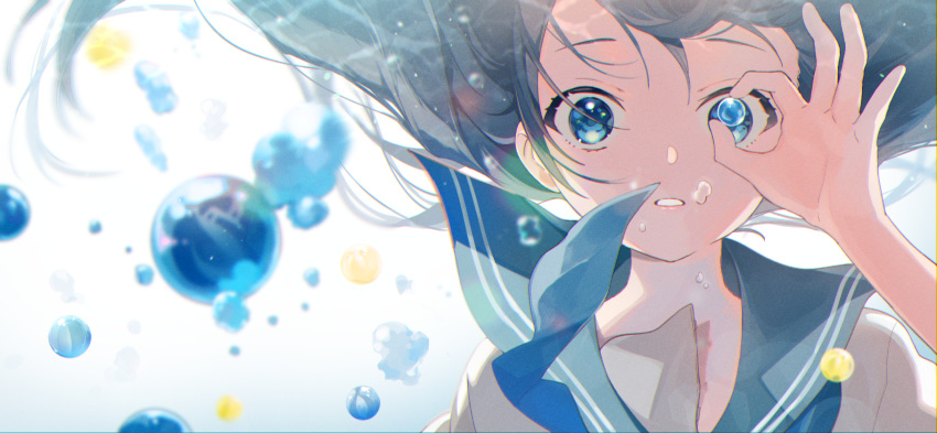 black_hair blue_eyes bubbles long_hair omutatsu original school_uniform