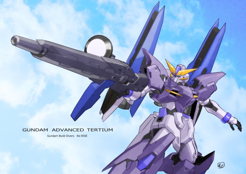 beam_rifle character_name copyright_name energy_gun floating green_eyes gun gundam gundam_build_divers gundam_build_divers_re:rise gundam_tertium holding holding_gun holding_weapon looking_to_the_side mecha no_humans sky solo v-fin weapon yanase_takayuki