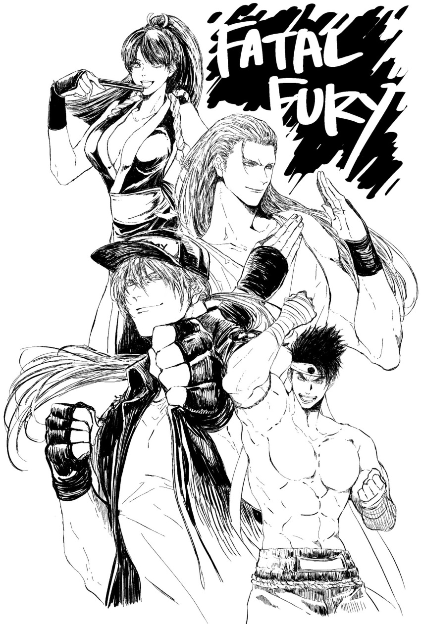 1girl 3boys andy_bogard black_hair breasts copyright_name fatal_fury fatal_fury_cap fingerless_gloves gloves greyscale highres jacket joe_higashi long_hair monochrome multiple_boys osakana_e ponytail shiranui_mai terry_bogard white_background