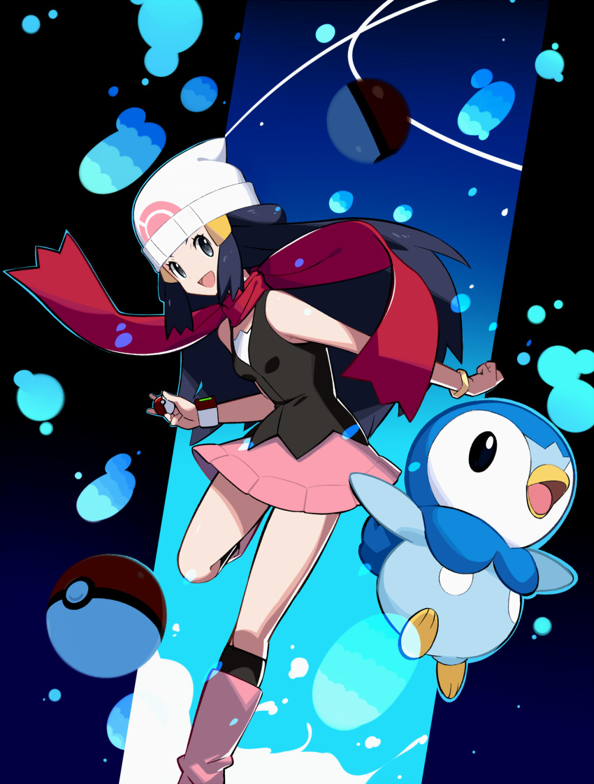 1girl beanie black_hair black_legwear black_shirt boots bracelet commentary_request eyelashes gen_4_pokemon grey_eyes hair_ornament hat highres hikari_(pokemon) holding holding_poke_ball jewelry long_hair open_mouth pink_footwear pink_skirt piplup poke_ball poke_ball_(basic) pokemon pokemon_(creature) pokemon_(game) pokemon_dppt red_scarf sakuraidai scarf shirt sidelocks skirt sleeveless sleeveless_shirt socks starter_pokemon tongue white_headwear