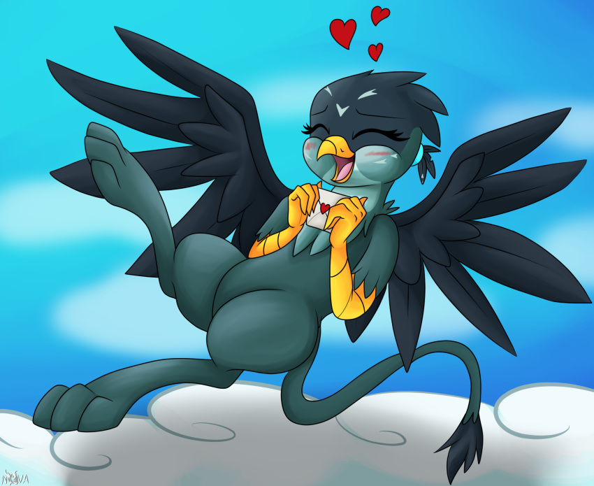 &lt;3 2020 avian beak claws cloud eyes_closed female feral flying friendship_is_magic gabby_(mlp) grey_body grey_wings gryphon happy hasbro hi_res holding_letter holding_object letter my_little_pony mythological_avian mythology novaspark open_mouth outside signature sky smile solo tail_tuft tuft wings yellow_beak yellow_claws