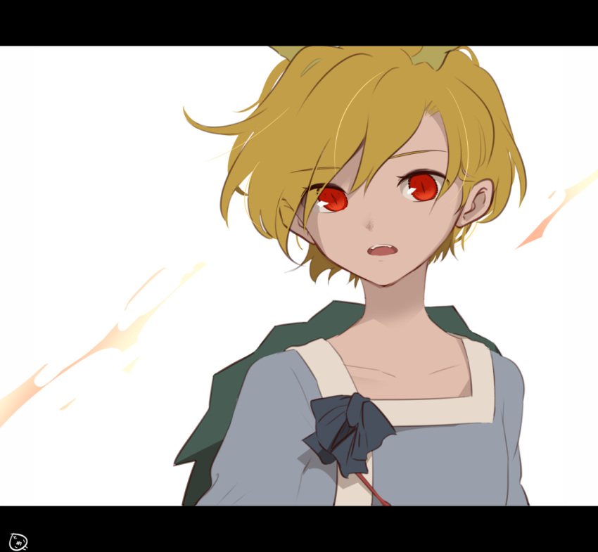 1girl blonde_hair blue_shirt commentary_request dragon_horns horns kicchou_yachie letterboxed looking_at_viewer open_mouth red_eyes shikushiku_(amamori_weekly) shirt short_hair simple_background slit_pupils solo touhou turtle_shell upper_body white_background