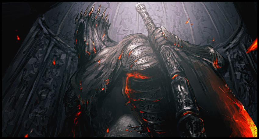 absurdres ambiguous_gender armor breastplate cleaver cloak commentary crown dark_souls_iii embers facing_away from_below gauntlets giant helmet highres holding holding_weapon ibuo_(ibukht1015) solo souls_(from_software) sword torn_cloak torn_clothes weapon yhorm_the_giant