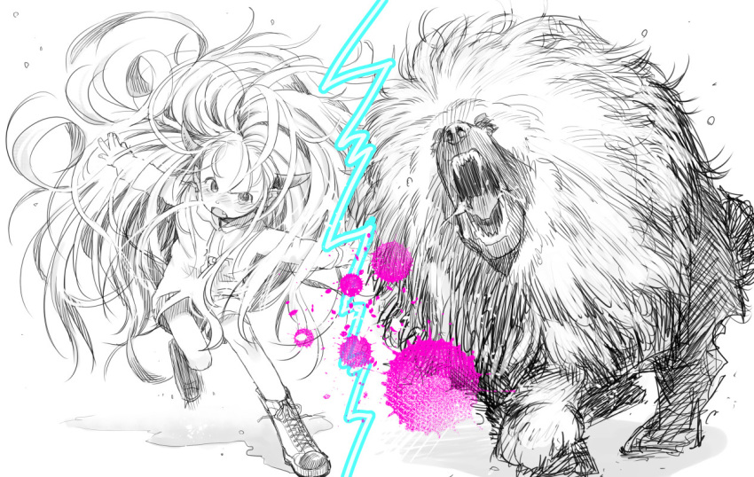 1girl ankle_boots barking big_hair blush boots bosako_(haguhagu) cross-laced_footwear fang haguhagu_(rinjuu_circus) hood hood_down hoodie horns long_hair looking_at_viewer open_mouth original outstretched_arms spread_arms standing standing_on_one_leg tibetan_mastiff very_long_hair