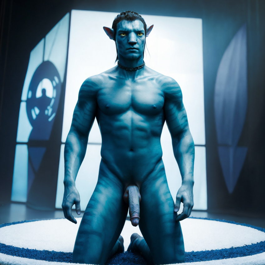 1:1 ai_generated alien alien_humanoid balls black_hair blue_body blue_skin choker genitals hair hi_res humanoid humanoid_genitalia humanoid_penis jake_sully james_cameron's_avatar jewelry kneeling male na'vi necklace nipples not_furry nude penis solo striped_body stripes